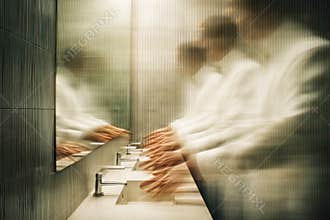 Blurred Motion Concept of Obsessive-Compulsive Disorder with Man Repeatedly Washing Hands at Sink