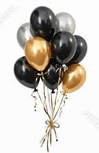 Elegant bunch of black gold silver balloons. Helium balloons for birthday party celebration, anniversary or festive event.