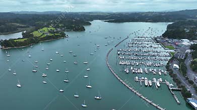 Aerial Drone View. Flight between islands and Over Marina Bay with Yachts of Different Sizes
