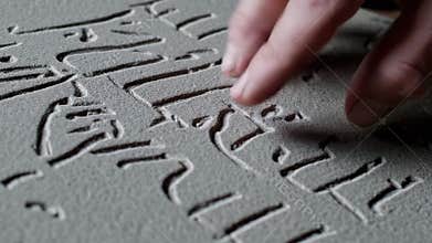 Fingers reading braille alphabet on stone