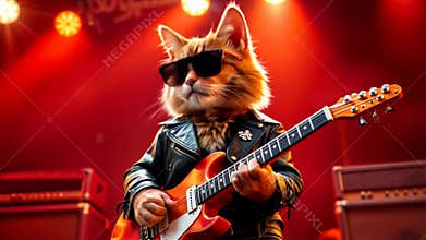Cool cat in sunglasses and leather jacket playing electric guitar on stage. Funny animal character as rock star performing at