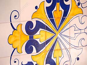 Portuguese tiles or azulejos at the market hall Mercado Municipal dos Calicos in Albufeira, Portugal