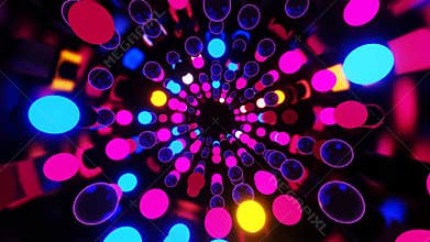 3d VJ loop background of futuristic colorful neon geometric pattern on black backdrop