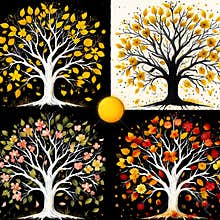 Four distinct artistic tree depictions represent the seasons. Ea
