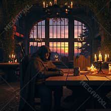 An AI image of medieval vagabond sitting and resting in cozy tavern in the evening