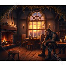 An AI image of medieval vagabond sitting and resting in cozy tavern in the evening