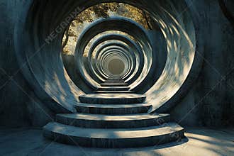 Steps lead into an endless circular tunnel creating a mysterious atmosphere with a sense of depth and intrigue
