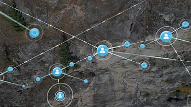 Drone filming cliff while tech overlay expanding linking file icons from user icon above climbers