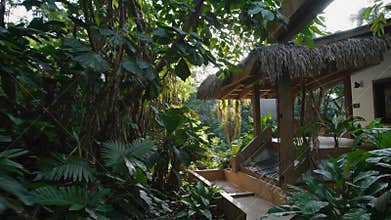 Eco lodge bungalow nestled in amazon rainforest