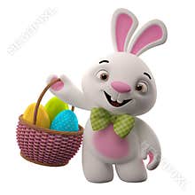 3D easter bunny, merry cartoon rabbit, animal character with easter eggs in wicker basket