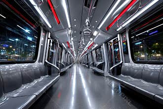 Modern subway train interior with sleek design and glowing lights at night