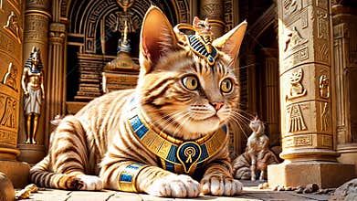 Golden Egyptian magic divine cat, cat in the temple of the Egyptian goddess