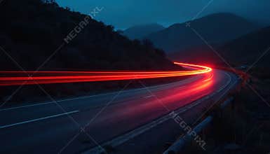 Long exposure shot captures curving road at night with red car light streaks. Nightscape of highway, showing car trail with
