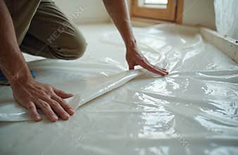 Construction worker installs plastic dust sheets for protection during renovation. Man covers floor with polyethylene sheeting in