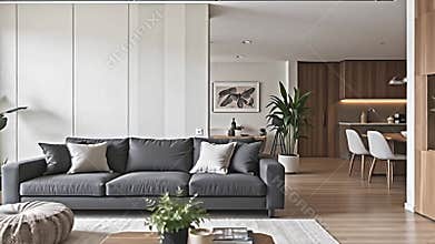 A serene living space anchored by a deep grey, generously sized sofa, complemented by a textural pouf. Walls Generative AI