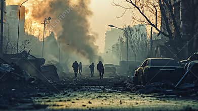 People Walking Through Post-War City Ruins