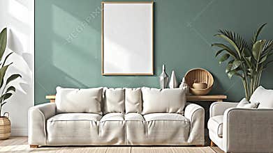 An airy living room set with a minimalist aesthetic. The sofa is low-slung and covered in a durable woven Generative AI