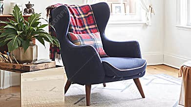 A bright and airy living room showcases a striking armchair with a distinct, vintage-inspired design. A Generative AI