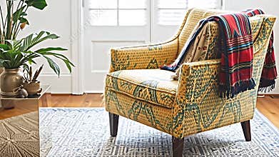 A bright and airy living room showcases a striking armchair with a distinct, vintage-inspired design. A Generative AI