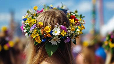 A woman with fair hair, adorned with a colorful flower crown, celebrates Midsummer surrounded by other people. The festive