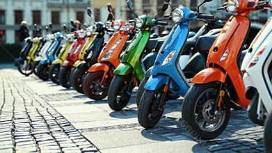 Brightly colored scooters lined up in a bustling city square during a sunny afternoon creating a vibrant urban atmosphere