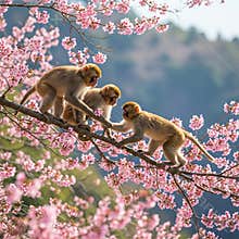 Curious Monkeys in a Cherry Blossom Wonderland