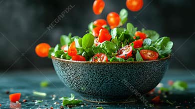 Fresh salad ingredients falling into bowl in slow motion, healthy food concept
