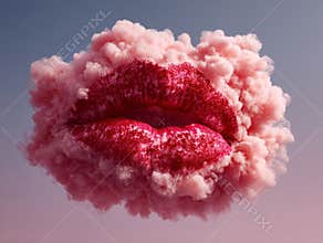 Detailed digital art of two human lips kissing amidst a burst of pink smoke or vapor, against a dark background - AI-Generated