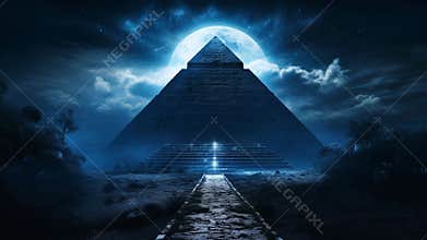 Eerie Pyramid and Glowing Moon Mystical Night Scene