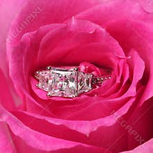 Engagement rings in pink rose. Closeup