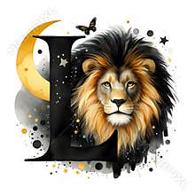 A large, stylized letter L is depicted alongside a realistic lion