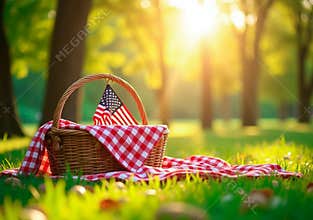 American Picnic: Patriotic Basket in a Sunlit Park