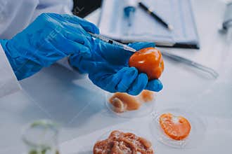 Chemical Laboratory of the Food supply . Food in laboratory, dna modify .GMO Genetically modified food in lab