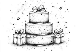 A sketch featuring a three-tiered birthday cake, gifts, and confetti, serves as a symbol of joyous celebration