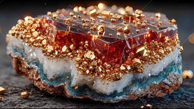 Stunning crystal mineral with sharp amber facets and sparkling gold nuggets on a rough textured rock base