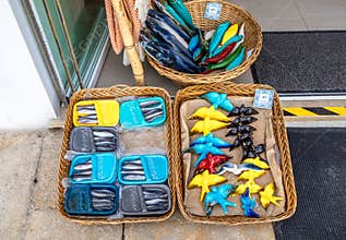 Decorated local ceramic Sardines and birds in Portuguese souvenir store in Albufeira, Portugal