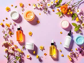 Skincare products with natural flowers on purple background flat lay