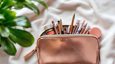 Rose gold makeup bag with beauty brushes on soft white blanket