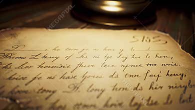 Close Up of Old Paper with Cursive Writing on Wooden Table Under Dim Lamp Light in Vintage Style Setting