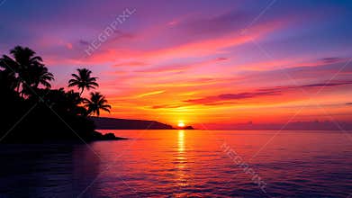 Vibrant tropical ocean sunset with silhouetted palm trees