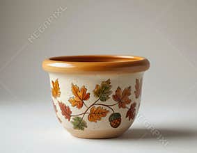 Ceramic flowerpot with fall patterns, isolated on a light gray background.
