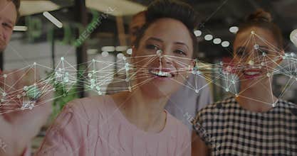 Man picking marker sketching network on glass woman adding nodes overlay showing links for business