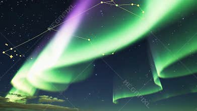 Swirling aurora curtains drifting across night sky, with constellation lines and low clouds