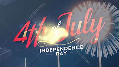 Starting fireworks bursting around red cursive 4th of July text in sky for Independence Day