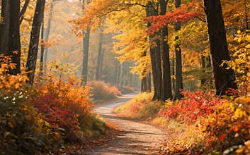 Enchanted Autumn Forest Path. Beautiful Autumn Landscape With. Colorful Foliage In The Park. Falling Leaves Natural Background