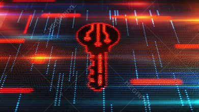 Key symbol glowing in a stream of encrypted data