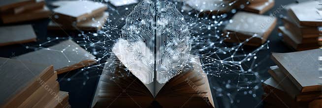 Neural AI Machine Processing Information Surrounded by Books and Notebooks in a Scholarly Environment