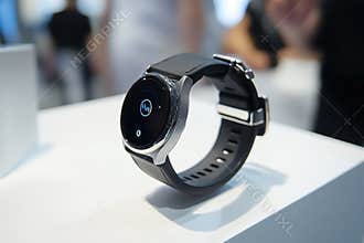 Modern smartwatch displayed on a counter at a technology expo, showcasing its sleek design and innovative features to attendees