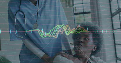 Nurse placing hand on patient shoulder and monitoring mood with animated waveform overlay in clinic