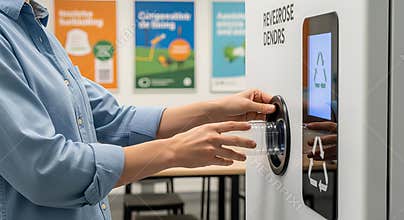 Employee Using Reverse Vending Machine for Plastic Cup Recycling